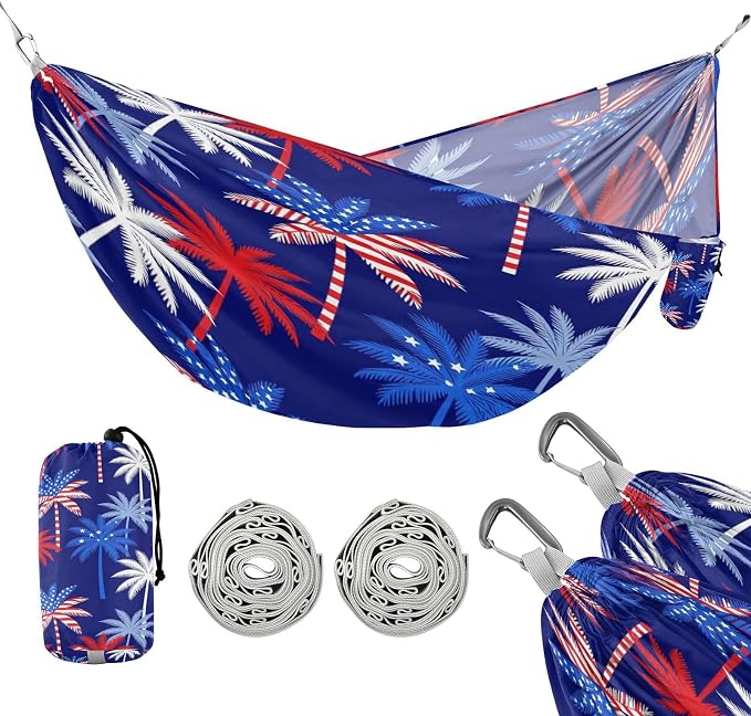 Patriotic USA Flag Palm Tree Hammocks with Tree Straps Rope Hammock for Indoor Outdoor Patio