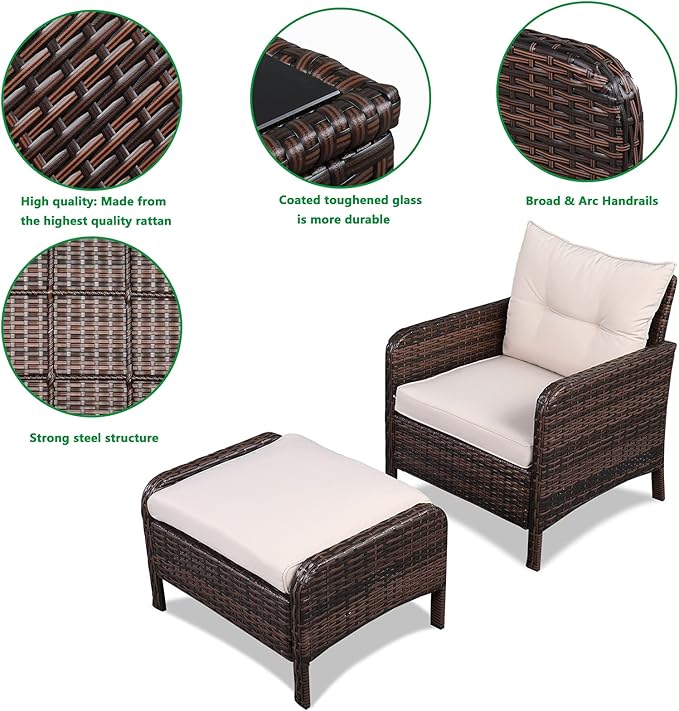 HomVent 5 Piece Wicker Patio Furniture Set, PE Wicker Rattan Outdoor All Weather Patio Sofa and Ottoman, Outdoor Bistro Set Patio Conversation Set with 2 Cushioned Chairs, 2 Ottomans & Coffee Table