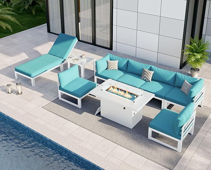 NICESOUL Modern Aluminum Patio Furniture Set, 9 Piece Modular Oversized Outdoor Sectional Sofa with Chaise Lounge, 500 lbs Heavy Duty Comfortable Conversation Set for Poolside Garden Deck, Turquoise