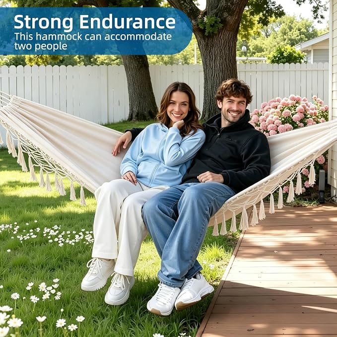 Brazilian Style Double Hammock with Fringe, 2 Person Patio Hammock for Backyard & Indoor Relaxation, Soft Breathable Fabric, Easy Setup with Straps & Carry Bag, 360 lbs Capacity