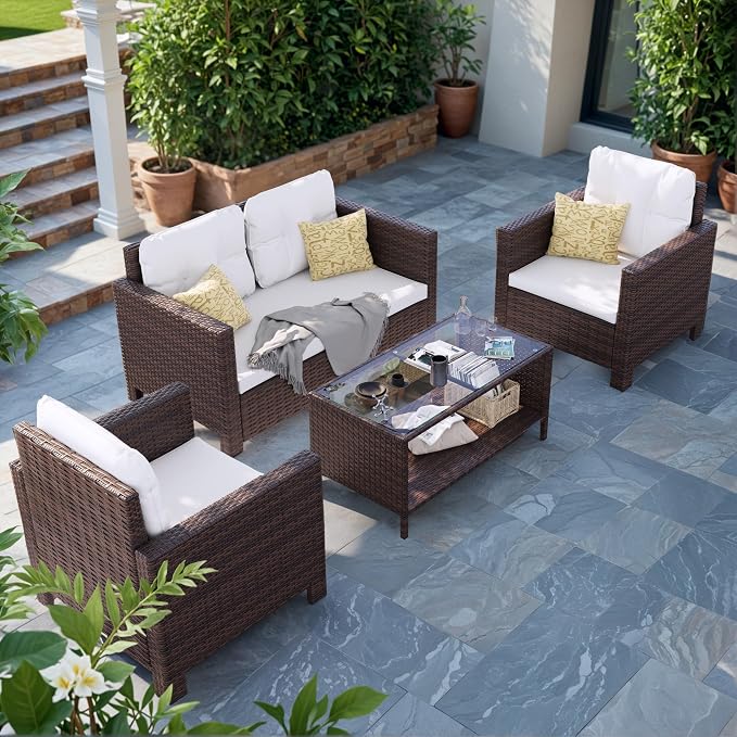 Devoko Patio Furniture Set 4 Pieces Outdoor Conversation Table and Chairs Wicker Patio Dining Sofa Set for Balcony Lawn Backyard