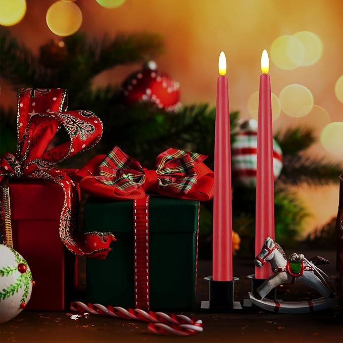 CVHOMEDECO. Flameless Taper Candles with 10-Key Remote, Battery Operated Led Flickering 3D Wick Window Candles Real Wax Finished Home Christmas Party Decor 0.78 x 11 Inch, Pack of 2 Red