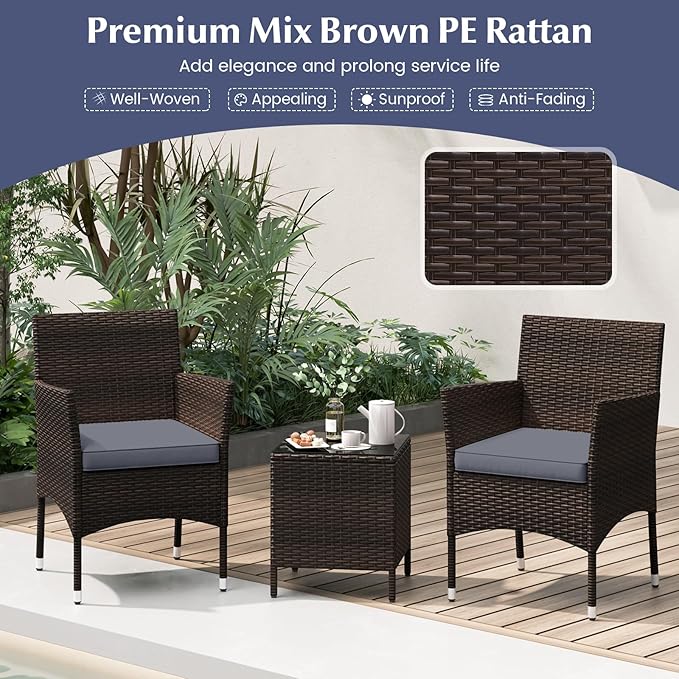 RELAX4LIFE 3-Piece Patio Furniture Set - Rattan Wicker Outdoor Conversation Set w/Cushions & Glass Coffee Table, Balcony Furniture for Porch Garden Backyard, Bistro Table and Chairs Set of 2 (Grey)