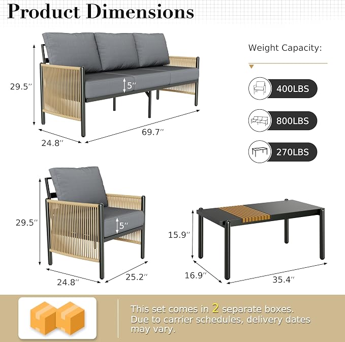 Aluminum Patio Furniture Set, 5 Seats Outdoor Patio Furniture with Coffee Table, Outdoor Wicker Conversation Sets with Cushion for Backyard, Balcony,Porch,Dark Grey