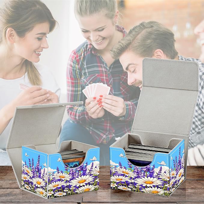 Card Deck Box for MTG, Cards Storage Box Fits 120+ Sleeved, Leather Small Size Strong Magnetic Closing Card Case for Board Games Magic TCG CCG Baseball Collection, Blue Sky Lavender