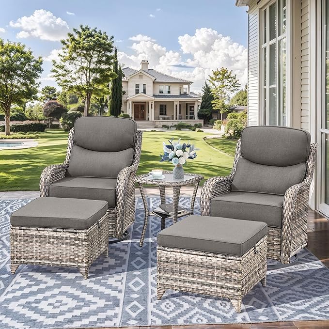 HUMMUH Wicker Patio Furniture Set 6 Inch Thick Cushion Outdoor Swivel Rocker Patio Chairs with Deep Seat Sofa 5PCS Outdoor Furniture Set for Porch Garden Deck