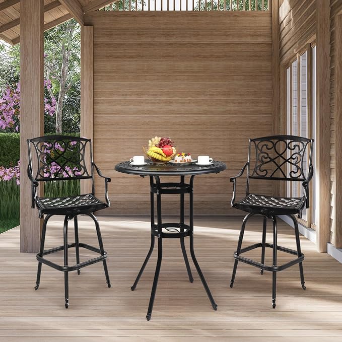 Outdoor Patio Cast Aluminum Round Bar Table,Outdoor Bar Table, Bar Height Patio Table with Umbrella Hole Patio Dining Table, Cast Aluminum Tall Outdoor Table Bistro Table Outdoor Furniture Garden Tabl
