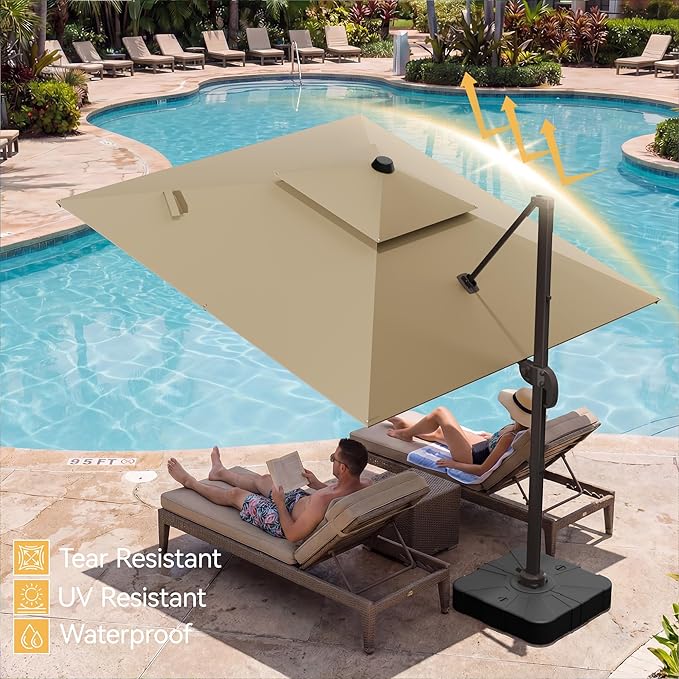 10x10 FT Patio Umbrella, Large Cantilever Double Top Heavy Duty Offset Umbrellas with 360° Rotation, Outdoor shade for Garden Deck Pool, Tan