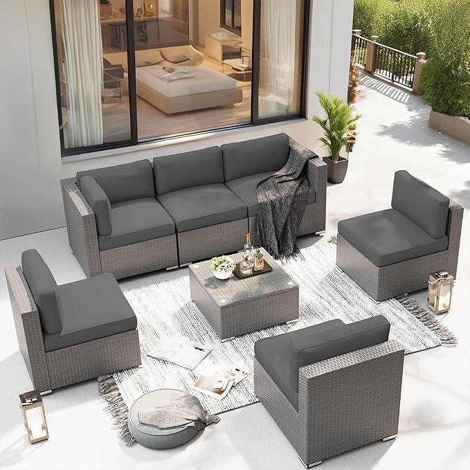 SUNCROWN Outdoor Patio Furniture Set 7 Piece Outdoor Sectional Sofa Grey Wicker Conversation Sofa Set with Cushions, Coffee Table, and Waterproof Cover, Dark Grey