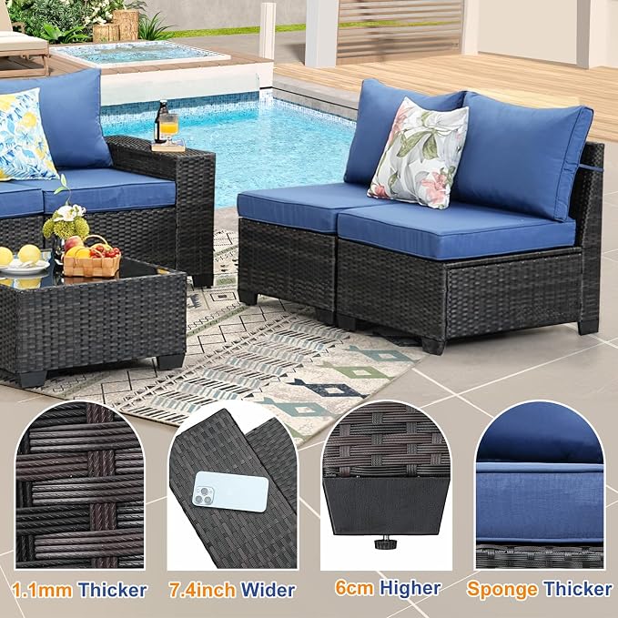 7-Piece Outdoor Patio Furniture Set, Modular Wicker Sectional Sofa with Thick Cushions & Coffee Table, All-Weather Rattan Conversation Set for Backyard, Porch, Poolside, Navy