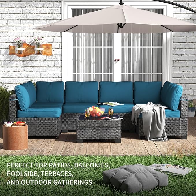 7 Piece Outdoor Patio Furniture Set, PE Rattan Conversation Sofa Set, Wicker Patio Set w/Thick Cushions & Glass Top Coffee Table, All-Weather Outside Furniture for Garden, Balcony, Porch(Dark Curry)
