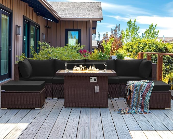 NICESOUL 29.3'' High Back Patio Set with Firepit Propane & Natural Gas, 7 Piece Oversized Large Wicker Outdoor Sectional Couche Sets, Heavy Duty Backyard Furniture, Brown Rattan and Black Cushion