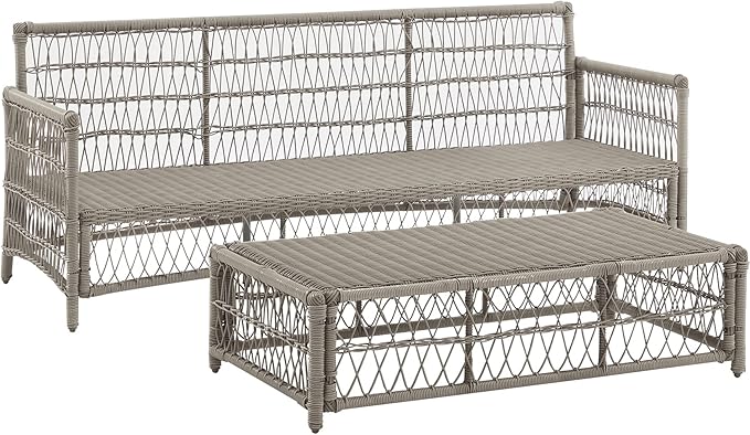 Crosley Furniture Thatcher 2-Piece Outdoor Sofa Patio Furniture Set, Wicker Conversation Sets for Porch, Driftwood with Creme Cushions