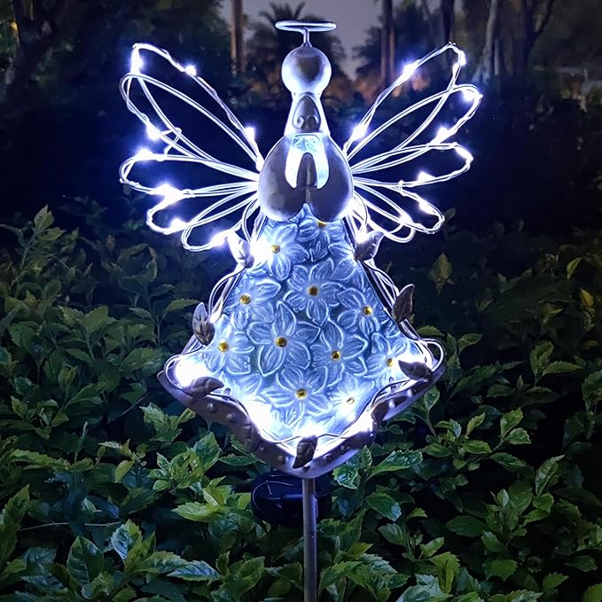COOZZYHOUR 38Inch Angel Solar Lights Outdoor Decorative-Metal&Glass Angel Hydrangea Flower Garden Stake Lawn Light- Waterproof 30 Warm White LED for Remembrance Gifts & Grave Decorations (White)