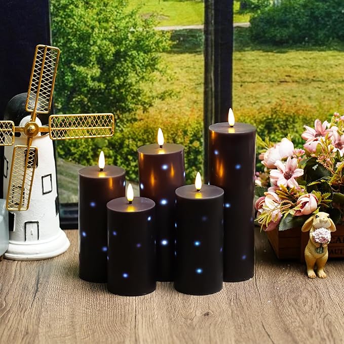 Nimiko Flickering Flameless Candles with Remote Control and Timer Set of 5 Pc Real Wax LED Pillar Candles, Battery Operated Candles（D2.2×H5/5.5"/6"/7"/8"） Halloween Decorations Home Decor （Black）