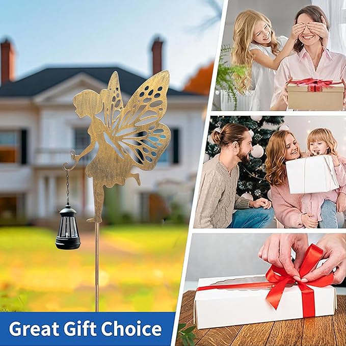Solar Fairy Garden Decor, Metal Running Fairy Statues Stakes, Outdoor Waterproof Garden Ornament for Patio, Lawn, Yard, Housewarming Gift for Gardening Mom Grandma