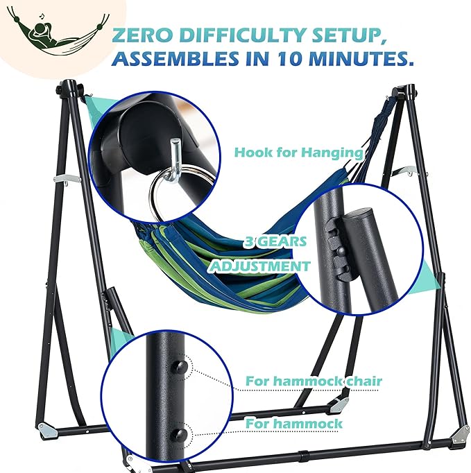 SogesPower 2 in 1 Hammock with Foldable Steel Stand & Carrying Bag,Portable Hammock Swinging Chair for Outdoor Patio Garden Camping Apartment,Blue& Green