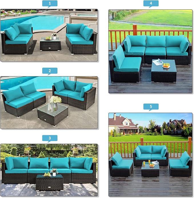Tangkula 5 Pieces Patio Furniture Set, All Weather Wicker L-Shaped Corner Sofa Set w/Soft Cushions, Outdoor Sectional Conversation Couch Set w/Glass Table for Backyard Garden Poolside (Turquoise)