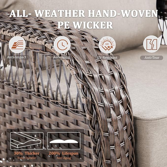 5 PCS Patio Furniture Set Outdoor Sectional Sofa Couch with Rocking Swivel Chairs 5" Deep Seat Chairs, Modern Wicker Rattan Conversation Set, Beige/Brown Wicker