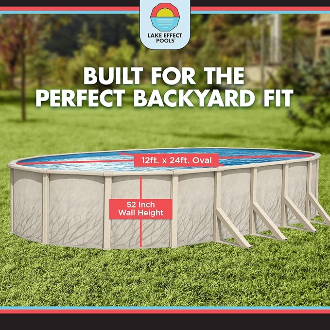 Lake Effect Pools 'Meadows Reprieve' 12 ft x 24 ft Oval Above Ground Swimming Pool Bundle | 52 Inch Steel Sided Walls | Kit Includes: 25 Gauge Liner, A-Frame Ladder, Sand Filter/Pump, & Skimmer