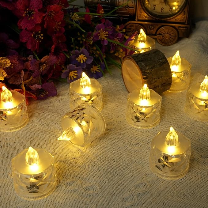 SupBri 24 Pack Flameless Tea Lights Battery Operated, Crystal LED Tealight, Votive Fake Candles for Valentines Wedding Decorations