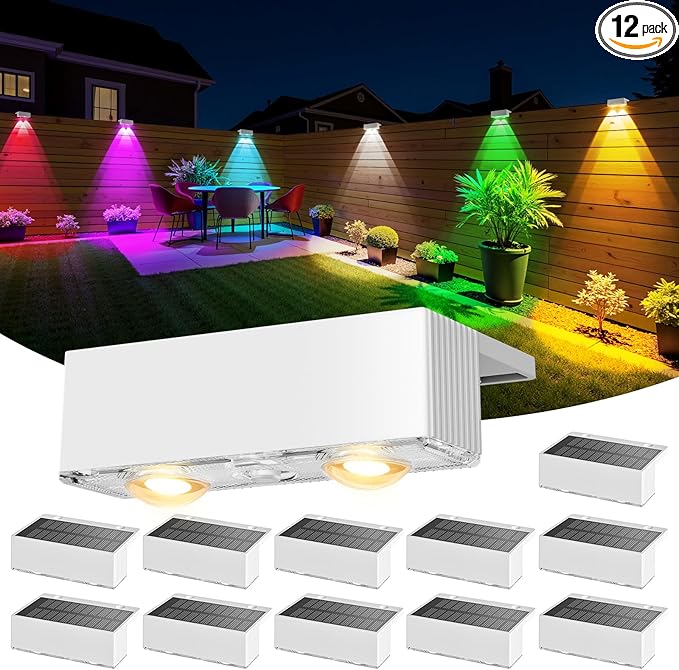 NIORSUN Solar Fence Lights,12 Pack Deck Light,Led Outdoor Lamp 3000K/6000K + RGB Wall Lights,IP45 Waterproof Solar Powered Light for Backyard/Pool/Railing/Patio/Porch/Step (White)