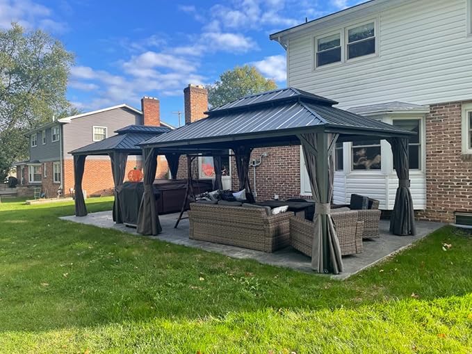 Domi Outdoor Hardtop Gazebo 10’x14’, Permanent Metal Gazebo for Patios with Aluminum Frame, Galvanized Steel Double Roof, Heavy Duty Curtains & Netting, Grey