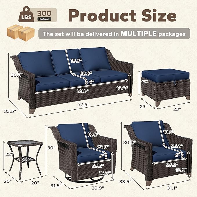 11 Pieces Patio Conversation Furniture Set - 1 Sofa, 2 Ottoman, 2 Armchairs, 4 Swivel Chairs, 2 Side Tables, Outdoor Wicker Furniture with Removable Cushions for Porch, Sunroom (Blue)
