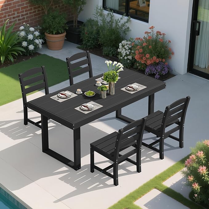 SERWALL HDPE Outdoor Dining Set for 4, 67'' Patio Table and Chairs Set | with Armless Seat