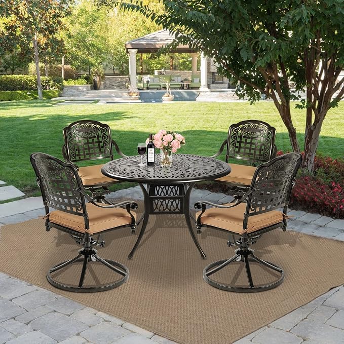 MEETWARM 5-Piece Outdoor Patio Dining Set, All-Weather Cast Aluminum Patio Conversation Set with 4 Cushions Swivel Rocker Chairs for Backyard Garden Deck and 35.4" Round Table, 2.2" Umbrella Hole