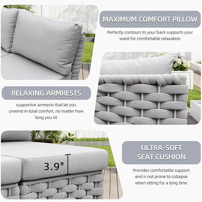 TWT 4 Piece Patio Furniture Set, All-Weather Outdoor Sectional Sofa with Coffee Table, Modern Conversation Couch Set, for Backyard Porch Garden Poolside Apartment Balcony,Light Grey