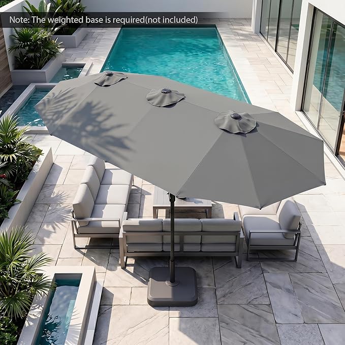 Tangkula 13 Ft Solar Patio Umbrella, Double-Sided Extra Large Outdoor Market Table Umbrella with 36 LED Lights, Crank Handle, 12 Sturdy Ribs for Poolside, Garden & Backyard (Gray)