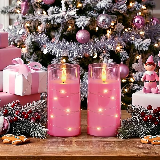 Homemory Flameless Pink Candles with Embedded Star String Fairy Lights, Battery Operated Candles, LED Candle, Fake Candles with Remote Control and Timer, Set of 2(H 6" 6")