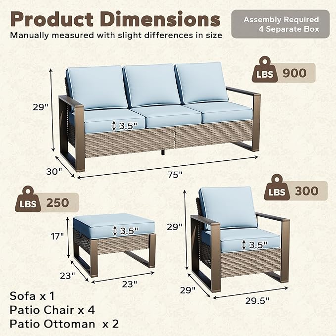 7 Pieces Metal Wicker Patio Furniture Set - 75" Sofa, Four Armchairs and Two Ottomans, All Weather Rattan Outdoor Conversation Furniture with Washable Cushion for Deck Porch, Baby Blue