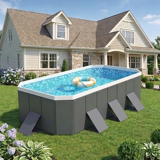 Foldable Swimming Pool, Rectangular Above Ground Swimming Pool for Outdoor Family Square Pool with Drain Plug and Drain Hole, Easy to Assemble Pool for Backyard Dog Pools (116" L x 65" W)