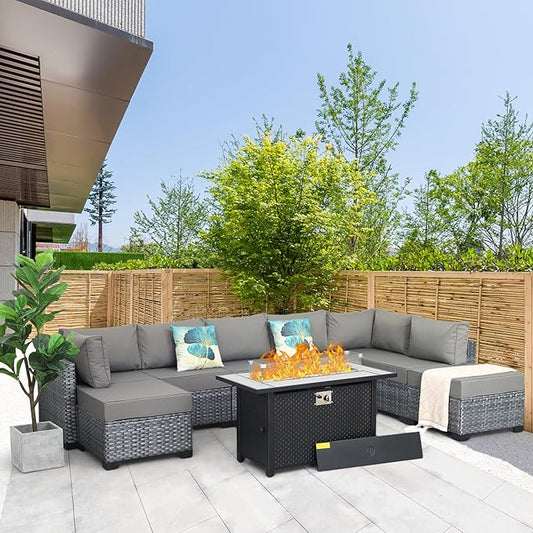 WAROOM Outdoor Patio Furniture Set 9 Pieces Gray Rattan Sectional Sofa PE Wicker Conversation Couch Sets with Propane Fire Pit Table, Anti-Slip Thick Grey Cushion