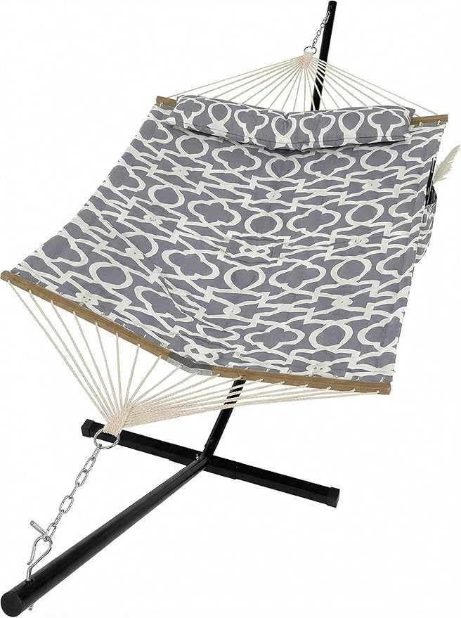 2-Person Hammock with Stand, 450lbs Capacity, Padded Polyester, Heavy-Duty Steel Frame, Portable Carry Bag for Patio, Backyard & Poolside