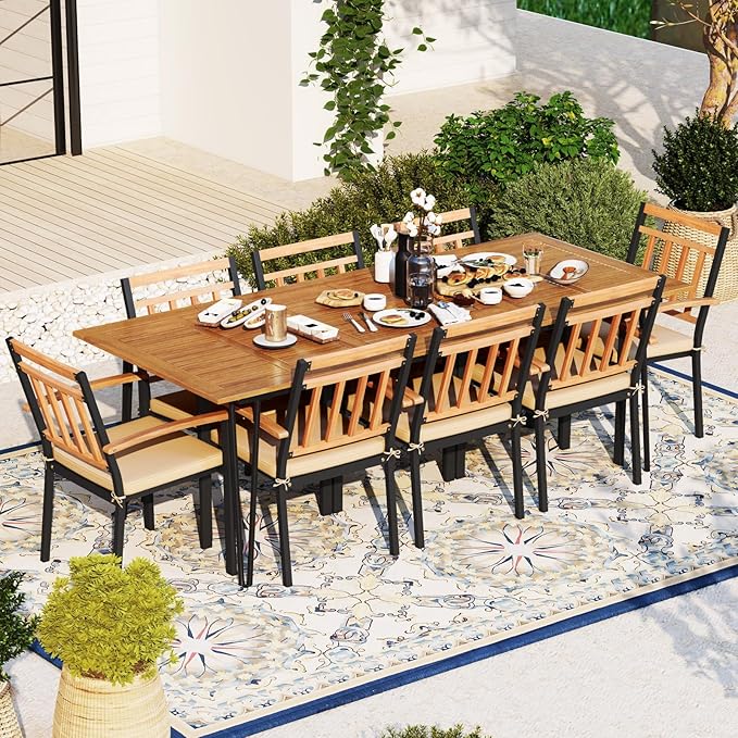 Tangkula 9 Pieces Patio Dining Set, Outdoor Furniture Set w/ 8 Chairs, Acacia Wood Table Top, Umbrella Hole & Removable Seat Cushions for Yard, Garden, Deck, Porch & Poolside