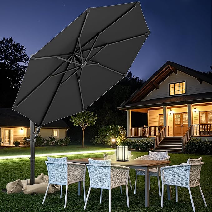 Greesum 10FT Outdoor Patio Umbrella with High Pedel and 4 Gear Heights, Large Offset Market Umbrella with 360-degree Rotation, Without Base, Hanging Outdoor Shade for Garden, Lawn, Pool, Black