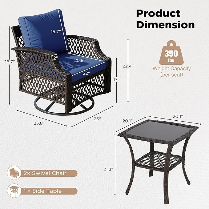 HOMREST 3 Piece Outdoor Swivel Chair Set, Wicker Patio Bistro Set with Thickened 25D Cushions and Glass Coffee Table, Patio Furniture Conversation Set for Deck, Yard, Garden, Poolside(Navy Blue)