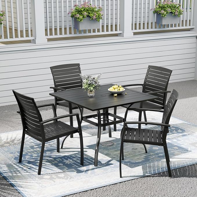 Patio Furniture Set, Outdoor Patio Table with 4PCS Dining Chairs | 35" Outdoor Square Table with E-Coating Metal Frame, 1.6" Umbrella Hole, Aluminum Chair, Resin Seat and Backrest