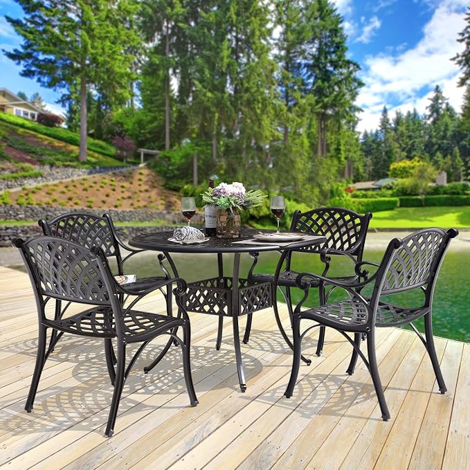 NUU GARDEN 5 Piece Outdoor Patio Dining Set, Cast Aluminum Round Dining Table with Umbrella Hole and Patio Dining Chairs for Patio, Garden, Backyard, Balcony, Black with Bronze Edge
