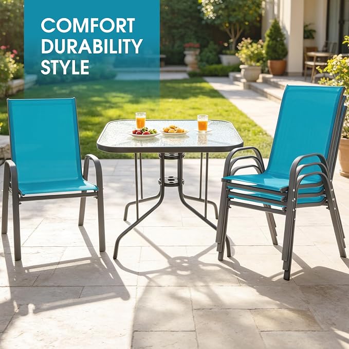 5 Piece Patio Dining Set with Wider 24.4" Stackable Chairs, Outdoor Dining Set for 4 with 36"*36" Table, Gery Metal Frame and Blue Textilene