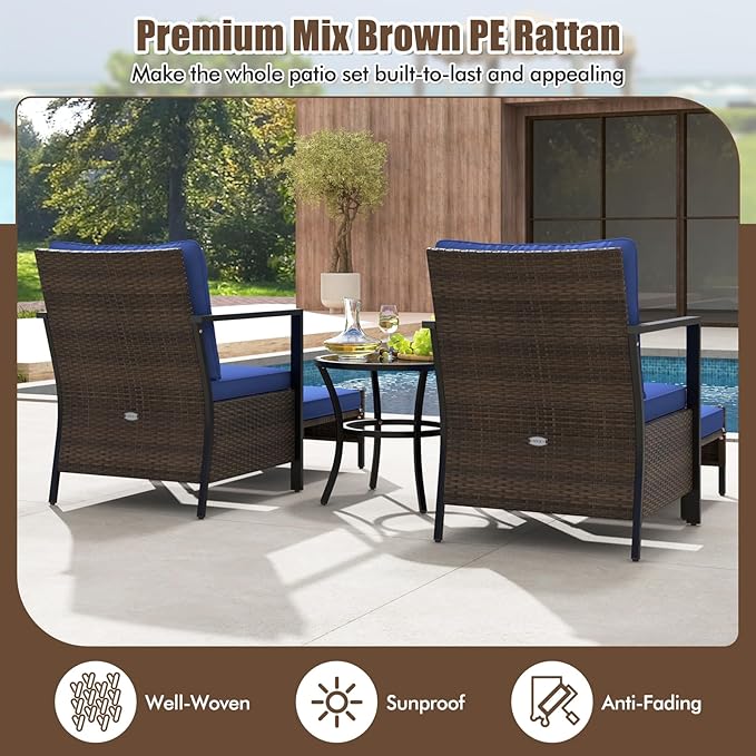 Tangkula 5 Piece Outdoor Furniture Set, Rattan Chairs & Ottomans w/Round Glass Topped Coffee Table, Space Saving Cushioned Patio Conversation Set for Backyard, Poolside (Navy)