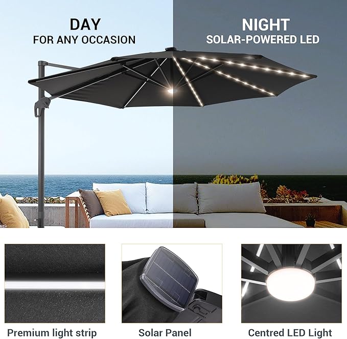 FLAME&SHADE 11 ft Cantilever Offset Patio Umbrella, Large Heavy Duty Outdoor Patio Umbrella Aluminum 360° Rotation Round Outdoor Umbrella for Deck,Pool,Backyard