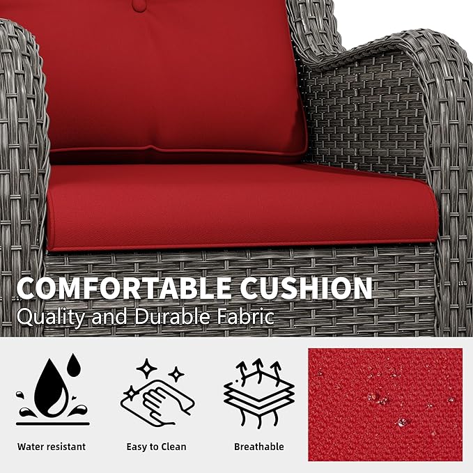 5 Pcs Patio Furniture Set with Fire Table-31'' Fire Pit Table, 4 Outdoor Rattan Wicker Conversation Chairs (4 Fixed Chairs) (Red)