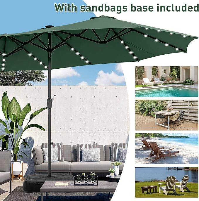 15 ft Patio Umbrella with 48 LED Lights, Large Rectangle Outdoor Solar Umbrella with Matching Base, Strap, Crank, Green