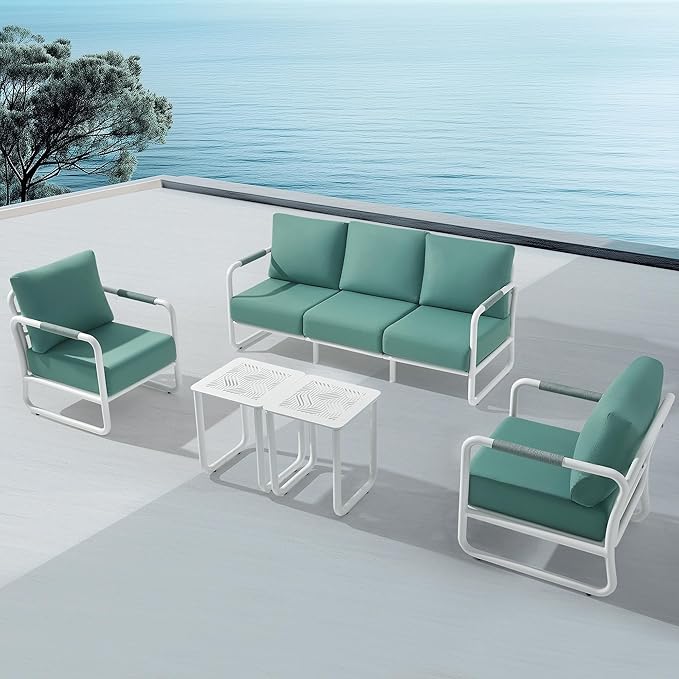 MBY Outdoor Aluminum Patio Furniture Set, 5-Seats Patio Conversation Sofa Set with 2 Coffee Tables and 6.7" Thickened Cushions, All Weather for Pool, Balcony, Garden-White