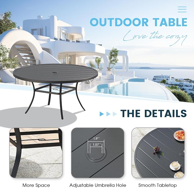 9 Pieces Patio Furniture Dining Set, 8 Textilene Swivel Dining Chairs, 60" Outdoor Round Metal Table with 1.57" Umbrella Hole, Outdoor Dining Set for Porch, Lawn, Garden, Black/Black