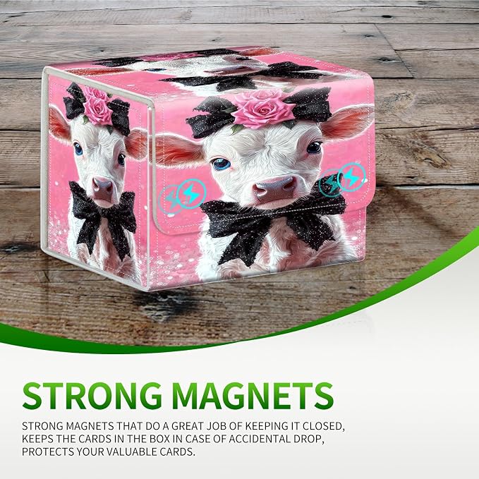 Card Deck Box for MTG, Cards Storage Box Fits 120+ Sleeved, Leather Small Size Strong Magnetic Closing Card Case for Board Games Magic TCG CCG Baseball Collection, Pink Flower White Cow
